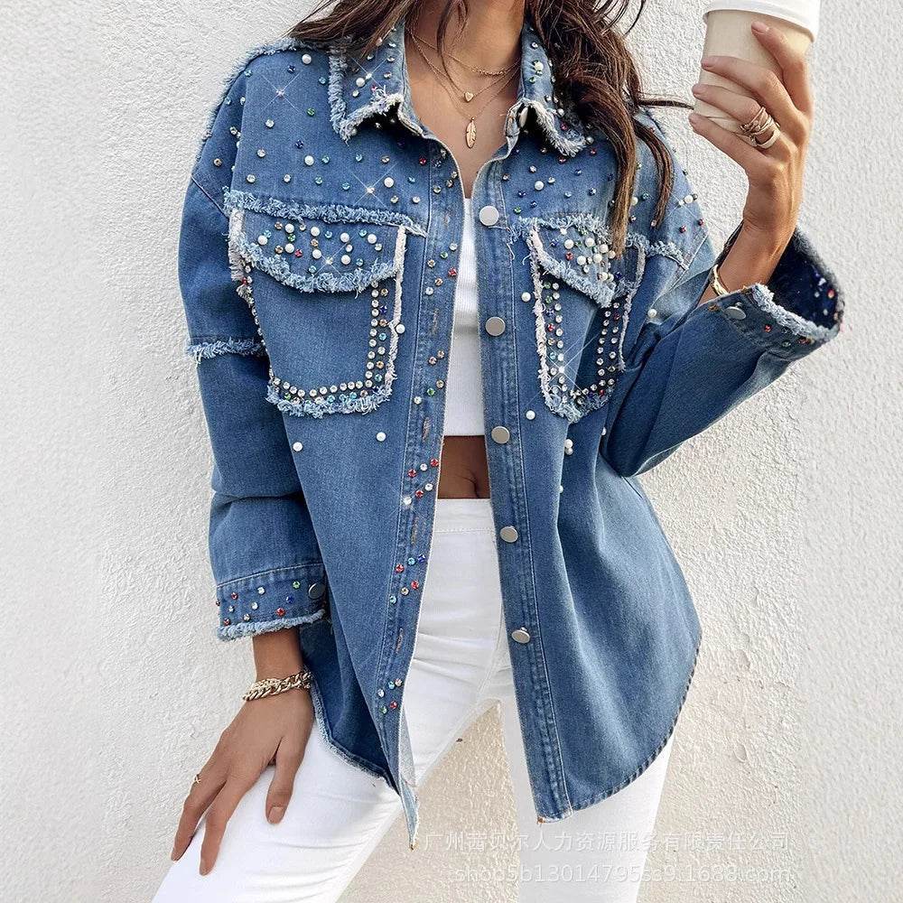 Mandylandy Women's Colorful Denim Blouse - Turn-down Collar with Pockets - Buy Center US