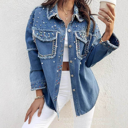 Mandylandy Women's Colorful Denim Blouse - Turn-down Collar with Pockets - Buy Center US