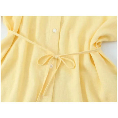 Women's Oversize Shirt with Belt - Casual Linen Blend, Long Sleeve - Buy Center US