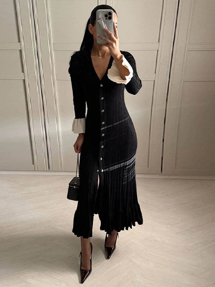 Chic Women’s V-Neck Long Dress - Slim Fit, Patchwork Puff Sleeve - Buy Center US