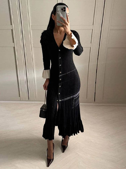 Chic Women’s V-Neck Long Dress - Slim Fit, Patchwork Puff Sleeve - Buy Center US