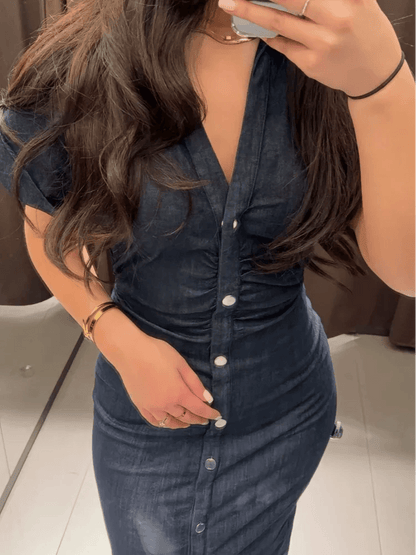 Beainmmry Elegant Denim Dress - Short Sleeve, Slim Fit for Women - Buy Center US