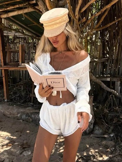 Anicenice Women's Beach Shorts Set - Lace-Up Top & Knee-Length Shorts - Buy Center US