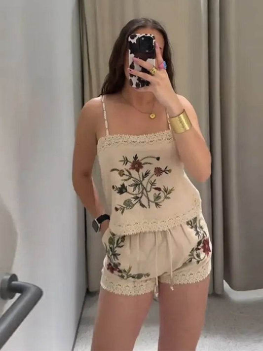 Retro Embroidered Sling Top and Shorts Set - Casual Summer Outfit - Buy Center US