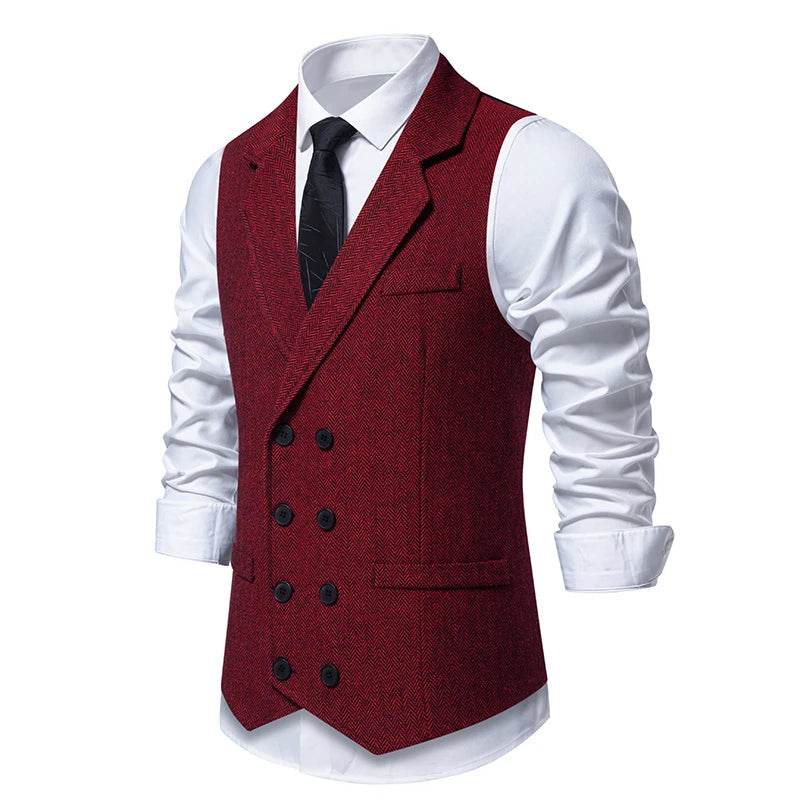 Men's Double Breasted Herringbone Vest - Casual Formal Suit Option - Buy Center US