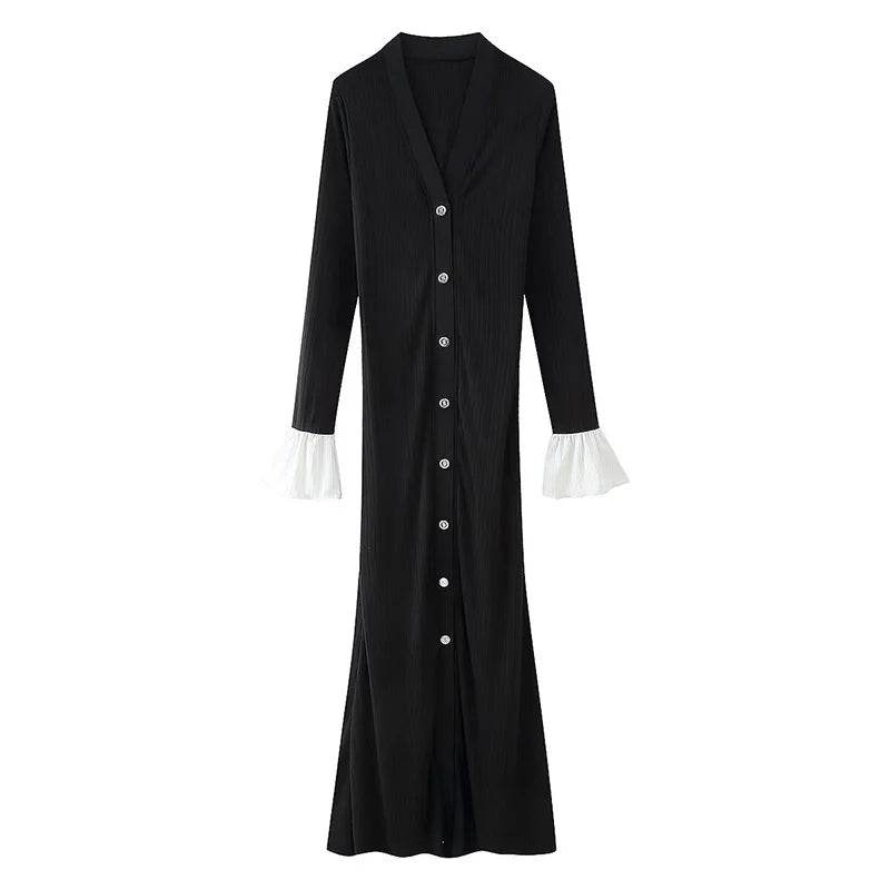 Chic Women’s V-Neck Long Dress - Slim Fit, Patchwork Puff Sleeve - Buy Center US