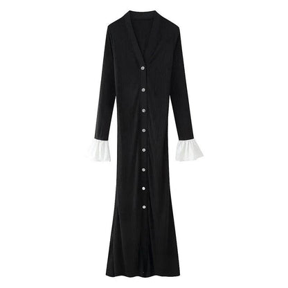 Chic Women’s V-Neck Long Dress - Slim Fit, Patchwork Puff Sleeve - Buy Center US