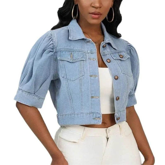 Stylish Women’s Denim Cardigan - Short Puff Sleeve Jacket - Buy Center US
