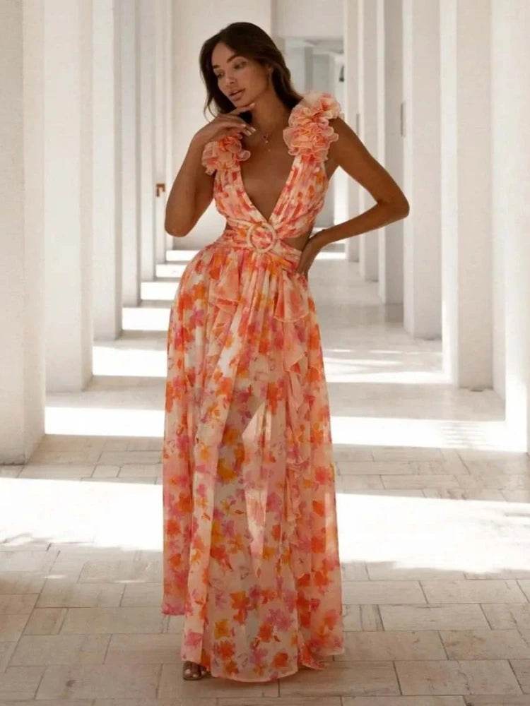 Sexy Pink Floral V Neck Dress - Sleeveless Ruffle Ankle Length - Buy Center US