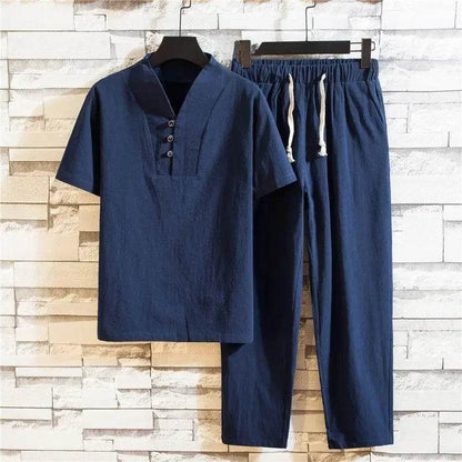 Chinese Style Linen Suit - Men's Summer Short Sleeve Hanfu Set - Buy Center US