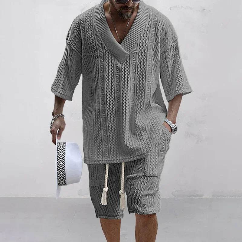 2024 Summer Casual Men's Knit Shorts Set - V-Neck Tee & Drawstring Shorts - Buy Center US