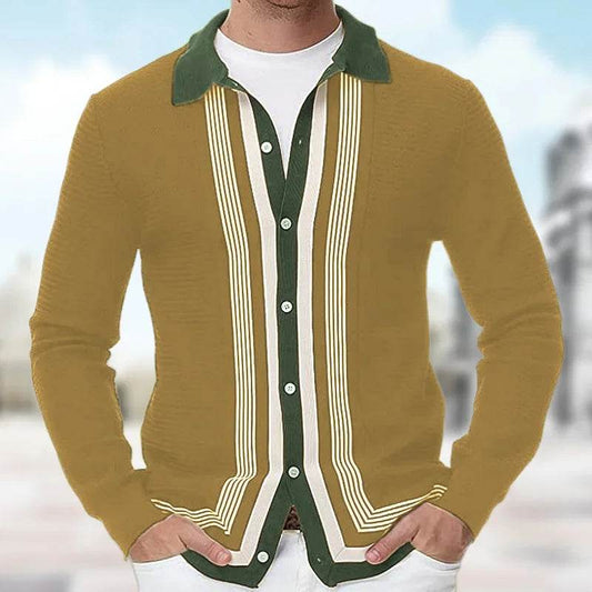 Naupang Men's Striped High-End Knitted Cardigan - Casual Long Sleeve Polo - Buy Center US