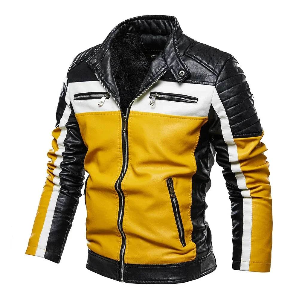 Men’s Yellow PU Leather Biker Jacket - Slim Fit Casual Zipper Coat - Buy Center US
