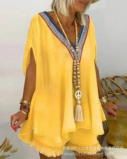 Kalenmos Women's V-Neck Casual Shorts Set - Elegant Y2K Summer Style - Buy Center US