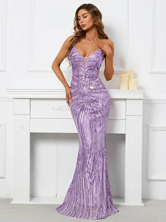 HBLL Sexy V Neck Maxi Dress - Purple Sequin Formal Gown for Parties - Buy Center US