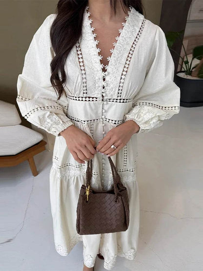 Women’s V-Neck Maxi Dress - Lace Patchwork for Spring/Summer - Buy Center US