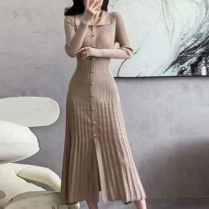 Chic Women’s V-Neck Long Dress - Slim Fit, Patchwork Puff Sleeve - Buy Center US