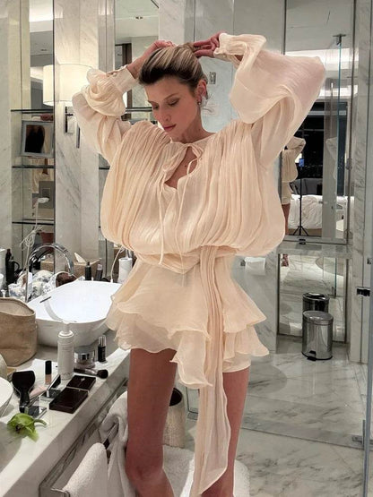 Chic Women's Ruffles Short Dress - Elegant Round Neck, Mini Style - Buy Center US