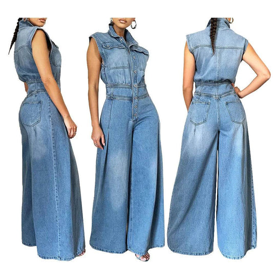 Kalenmos Women's Summer Denim Jumpsuit - High Waist, Wide Leg Style - Buy Center US