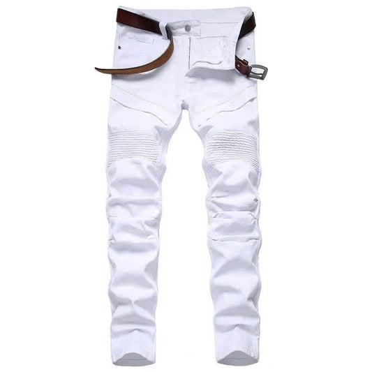 Men's Fashion White Motorcycle Jeans - Casual Straight Fit Denim Pants - Buy Center US