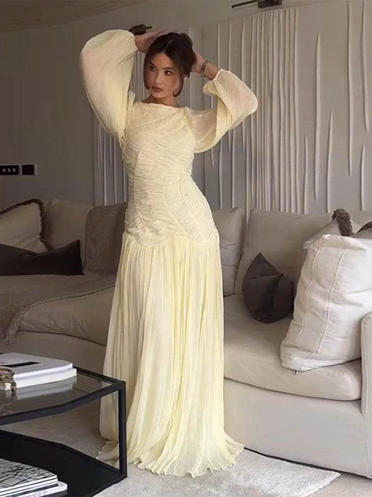 Elegant Pleated O-Neck Long Dress - Women's Summer Beach Chic - Buy Center US