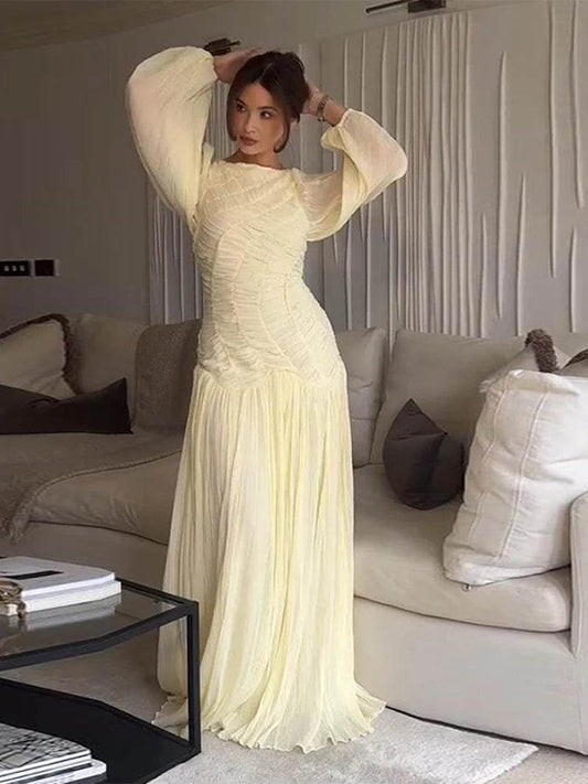 Elegant Pleated O-Neck Long Dress - Women's Summer Beach Chic - Buy Center US