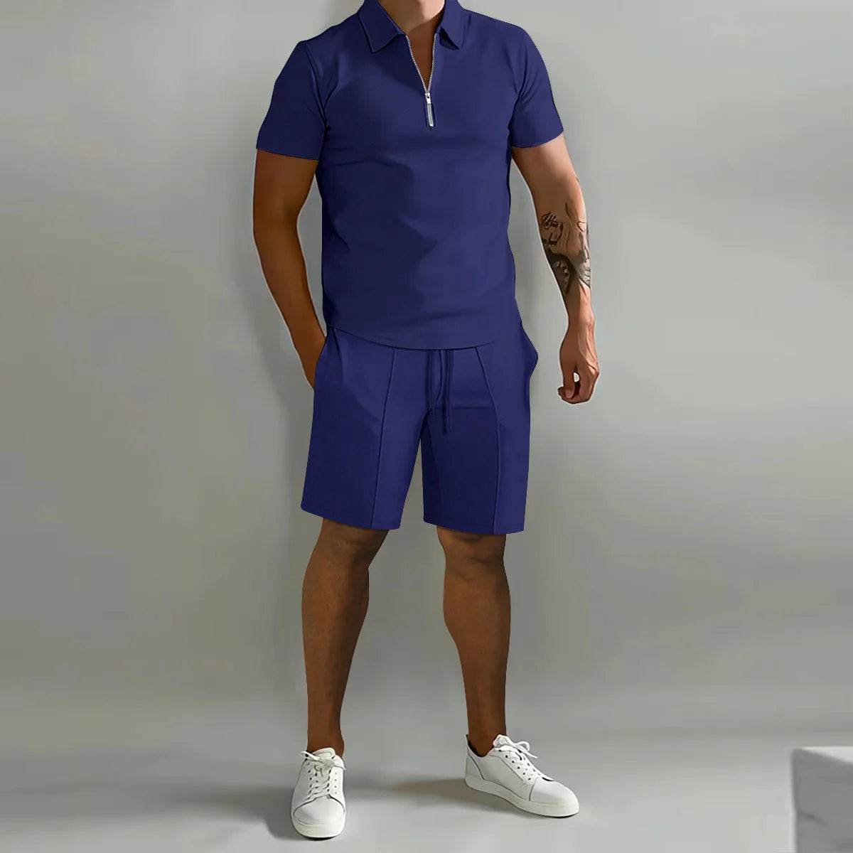 Men's Casual Solid Color Polo Shirt & Vertical Stripe Pants Set - Buy Center US