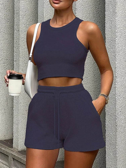 Elegant Women's Two-Piece Set - Sleeveless Waffle Vest & Shorts - Buy Center US