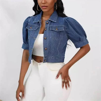Stylish Women’s Denim Cardigan - Short Puff Sleeve Jacket - Buy Center US