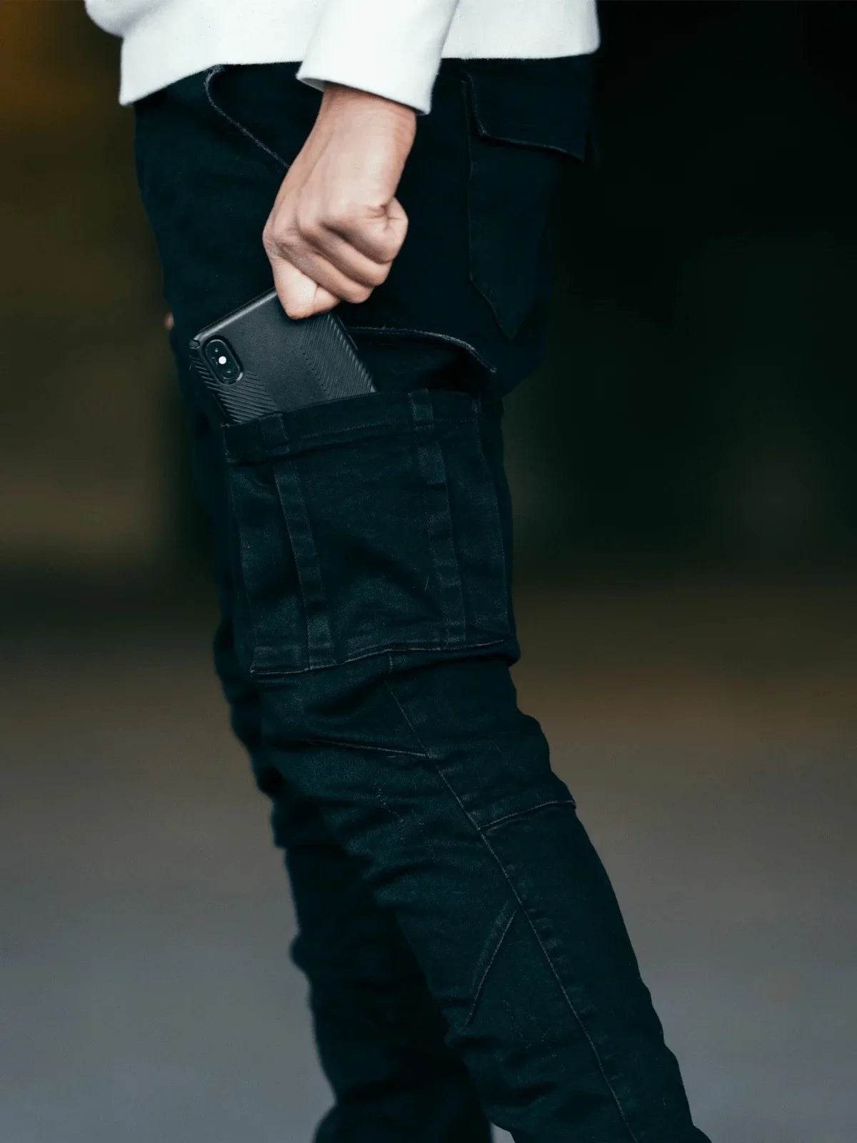 Men's Black Stretch Cargo Jeans - Big Pockets, Casual Comfort - Buy Center US