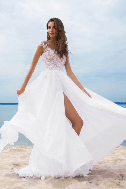 Elegant White Chiffon Dress - V-Neck Split Style for Bridesmaids - Buy Center US
