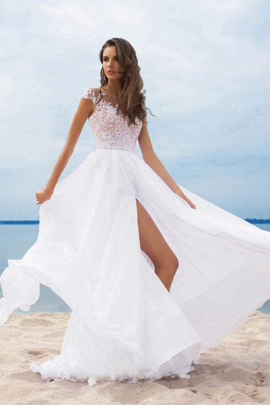Elegant White Chiffon Dress - V-Neck Split Style for Bridesmaids - Buy Center US