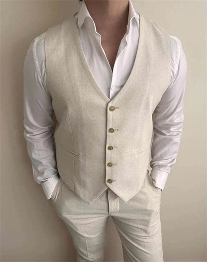 Tunetak Men's 3-Piece Linen Suit - Slim Fit Beige Blazer & Vest Set - Buy Center US