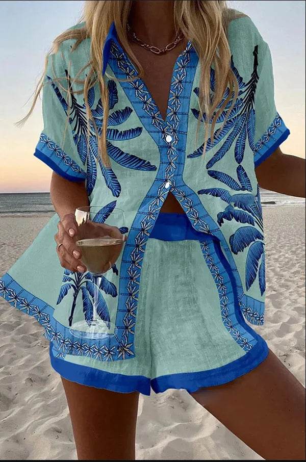 Women's Summer Print 2-Piece Beach Set - Casual Short Sleeve Top - Buy Center US