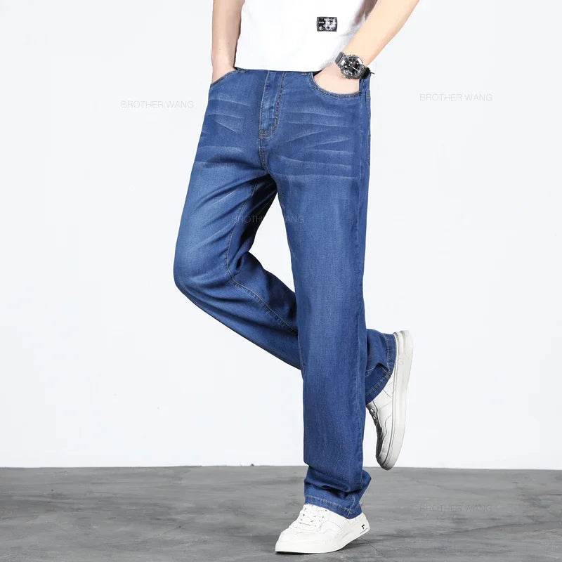 2024 Men’s Light Blue Loose Straight Jeans - Elastic Denim Casual Pants - Buy Center US