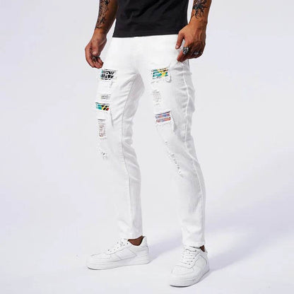 Men's White Ripped Slim Fit Jeans - Casual Straight Leg Pants - Buy Center US