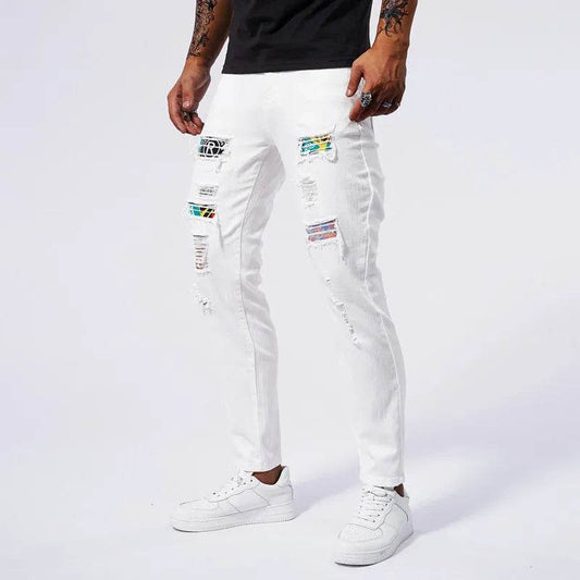 Men's White Ripped Slim Fit Jeans - Casual Straight Leg Pants - Buy Center US