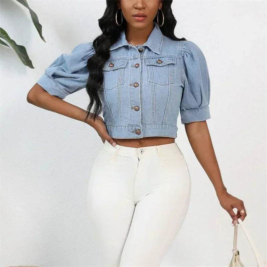 Stylish Women’s Denim Cardigan - Short Puff Sleeve Jacket - Buy Center US