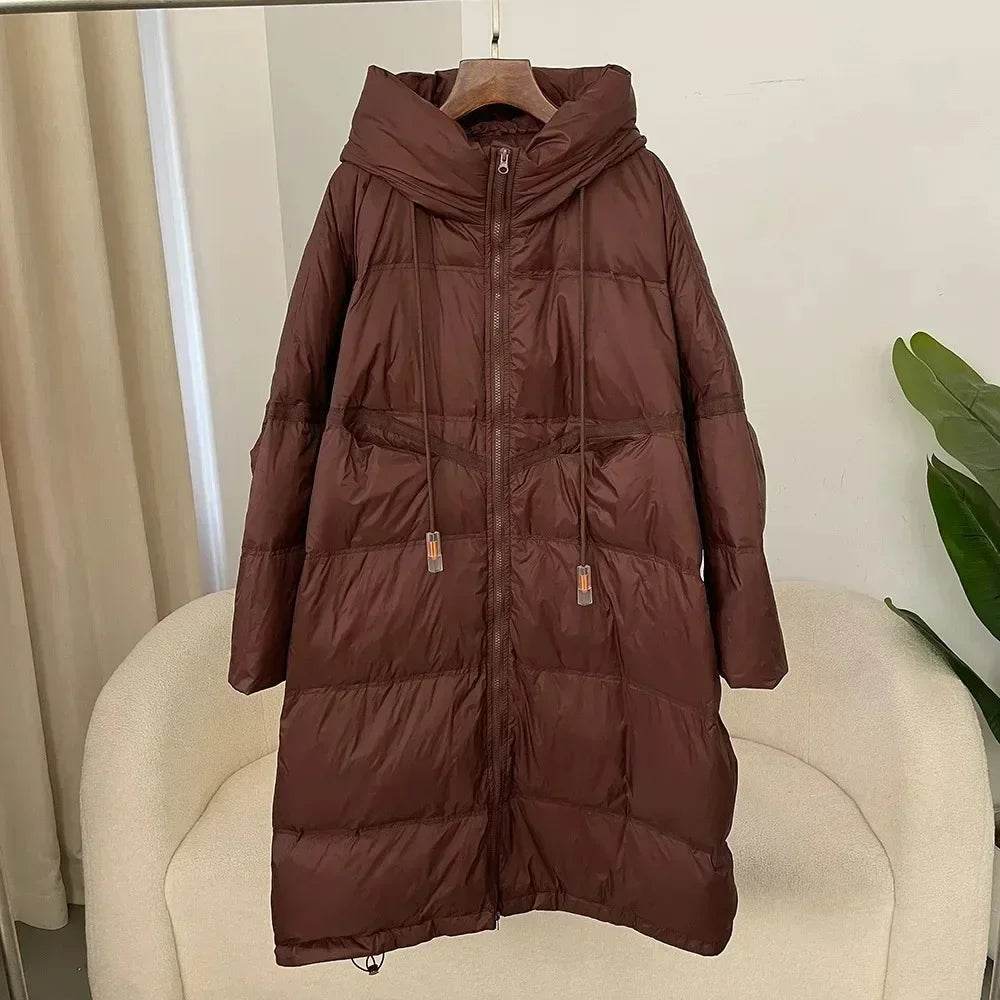 Women's White Duck Down Jacket - Thick, Hooded, Extra-Long Winter Coat - Buy Center US