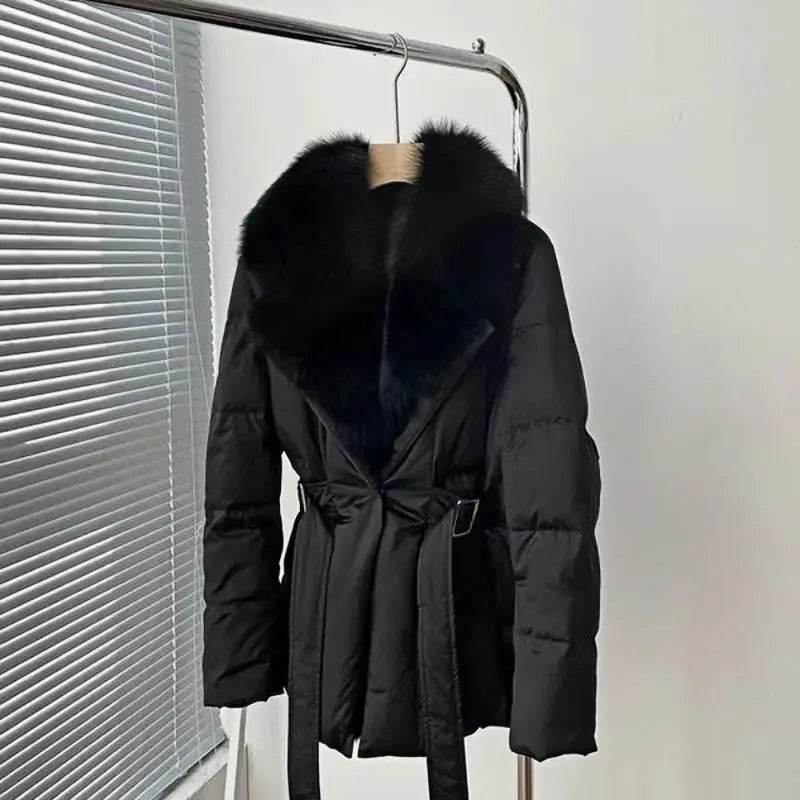 Women's Super Large Fox Collar Down Jacket - Winter 2024 Solid Black - Buy Center US