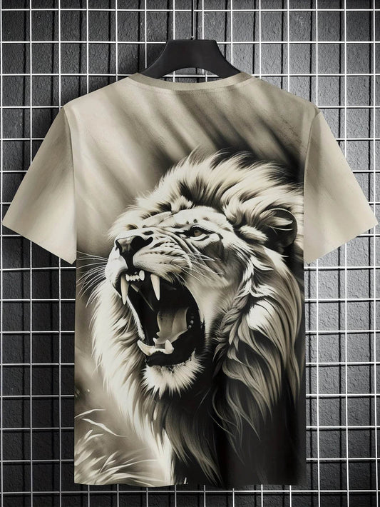 Men's Lion Print Crew Neck T-Shirt - Soft, Breathable Summer Casual Wear - Buy Center US