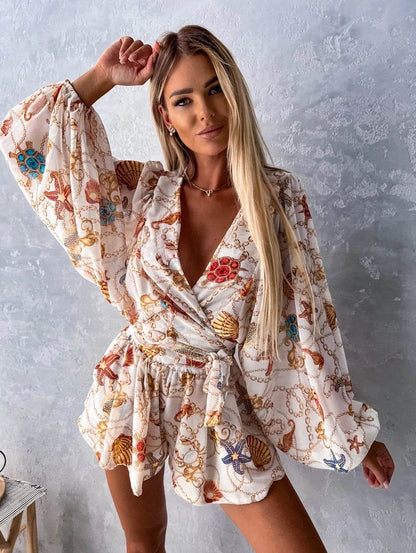 Summer Boho Deep V Neck Set - Casual Lantern Sleeve Top & Shorts - Buy Center US