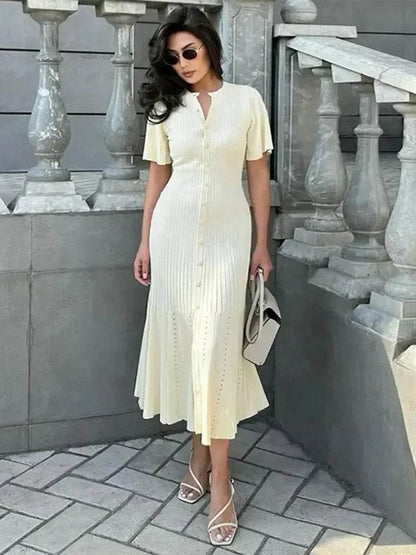 Elegant Women's Short Sleeve Dress - O Neck, High Waist Design - Buy Center US