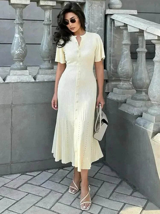 Elegant Women's Short Sleeve Dress - O Neck, High Waist Design - Buy Center US