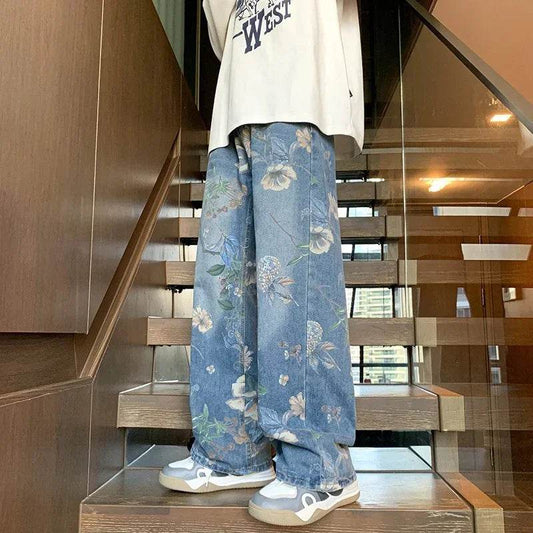 Y2K Vintage Floral Printed Jeans for Men - Baggy Wide-Leg Streetwear - Buy Center US