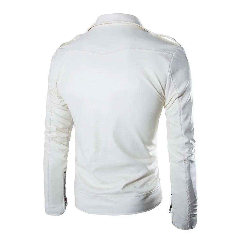 Slim Fit White PU Leather Jacket for Men - Casual Winter Coat - Buy Center US