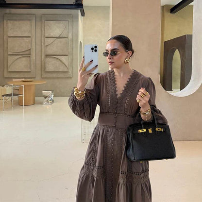 Women’s V-Neck Maxi Dress - Lace Patchwork for Spring/Summer - Buy Center US