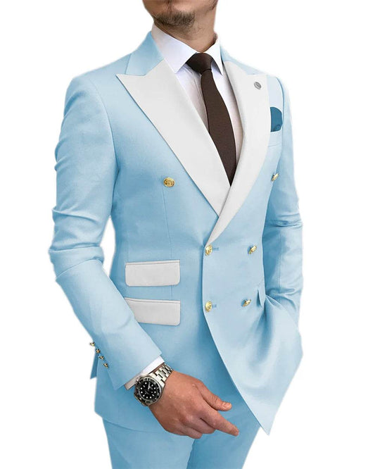 Elegant Light Blue Smoking Jacket & Pants Set for Men - Gold Buttons Tuxedo - Buy Center US