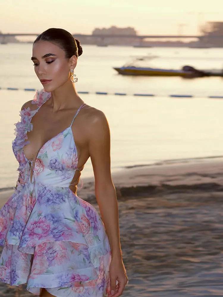 3D Flowers Halter Dress - Backless V-Neck Design for Summer Style - Buy Center US