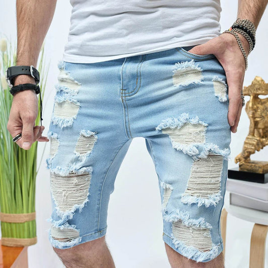 AHUDNU Men's Summer Ripped Denim Shorts - Slim Fit Light Blue Style - Buy Center US